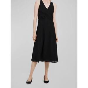 Theory V Neck Tie Silk Black Dress LBD Womens 8 Midi Slip A Line Faux Wrap